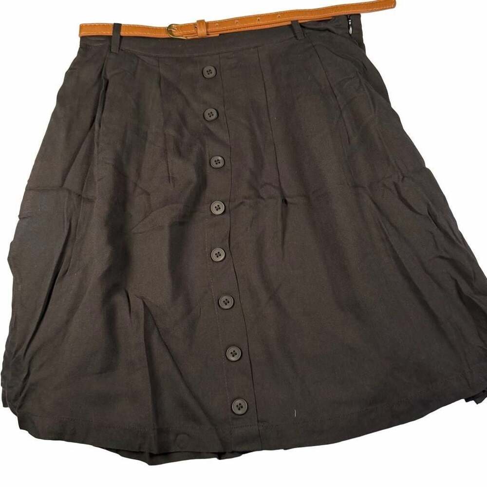 NWT TulipB Boho Black Button-Front A-Line Skirt with Cognac Belt Sz S